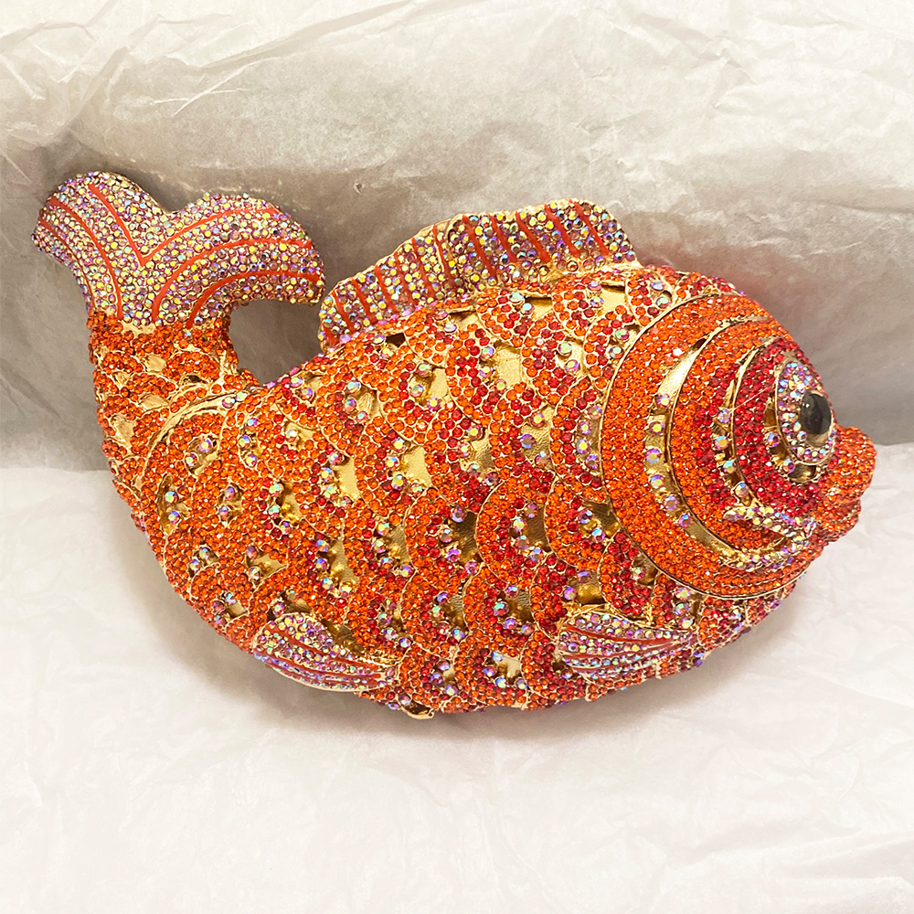 Women Bags On Sale - Red/Orange Fish Crystal Mini Evening Bag