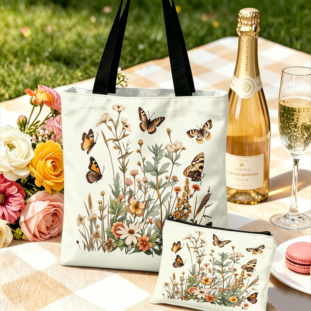 Women'S Bags Handbags - Floral Butterfly Print Handbag Cream Tote