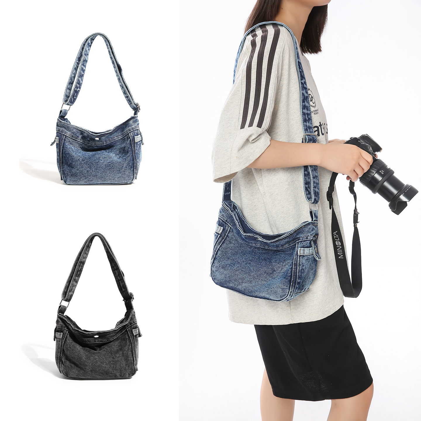 Women Bags Jeans - American Streetwear Denim Hobo Bag Washed