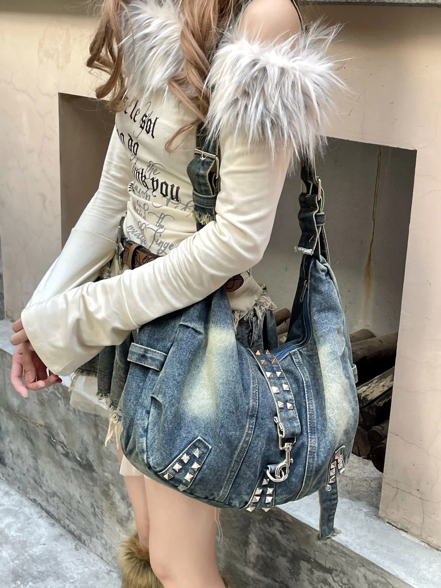 Washed Denim rivet Shoulder Ba - Women Bags Jeans review and price